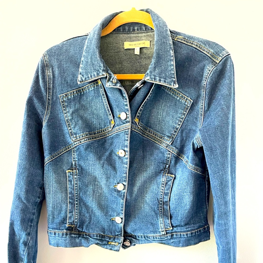 See by Chloe Cropped Denim Jacket with Diamond Detail Buttons